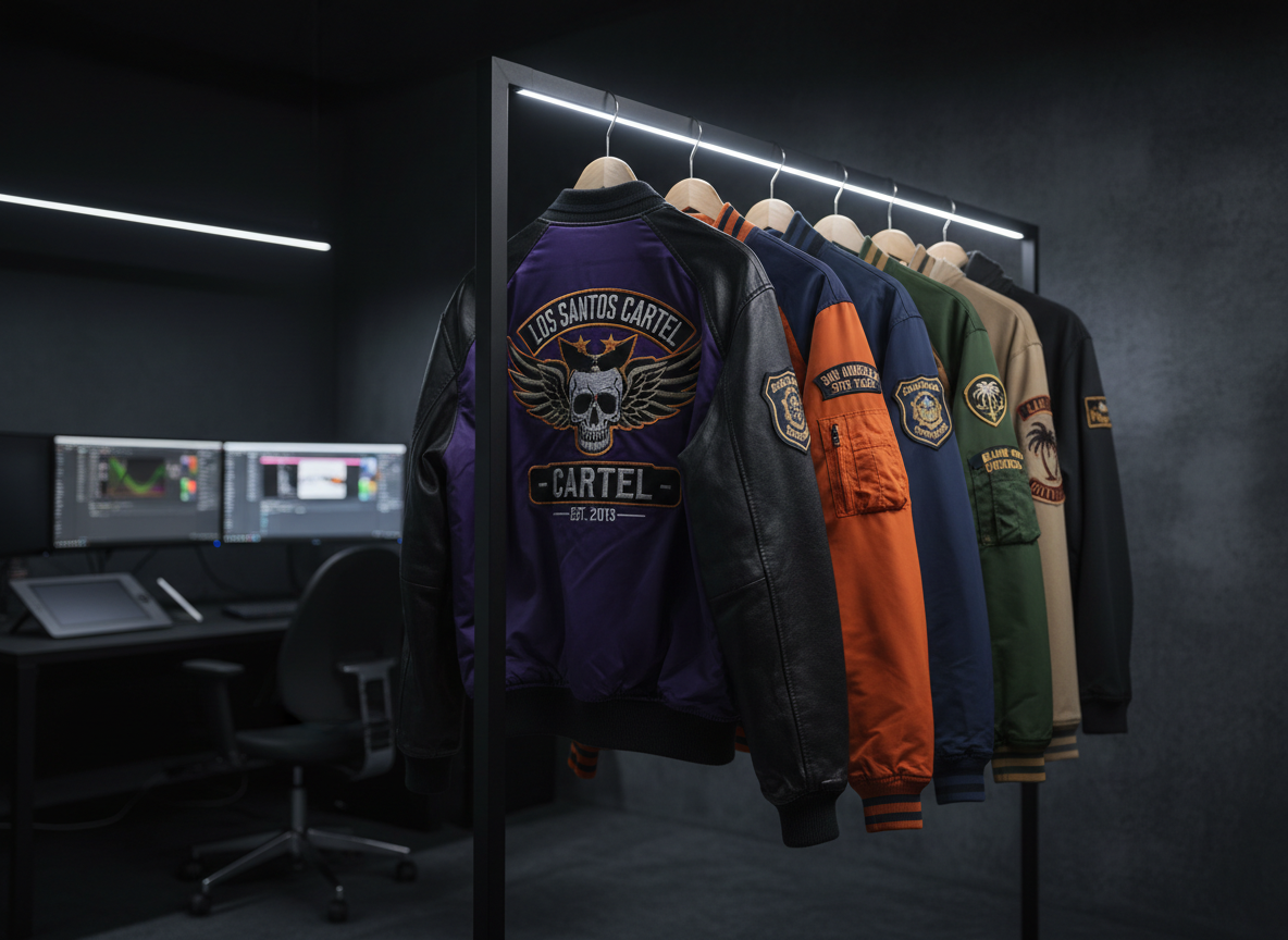A row of hanging custom FiveM streetwear jackets and varsity-style tops suspended on brushed metal hangers along a matte charcoal clothing rack. Each jacket showcases unique server-themed patches, embroidered emblems, and bold color blocking reflecting various in-game factions and departments. The setting is a modern, high-end digital workshop space, with a dark, textured wall behind and subtle LED strip lighting integrated into the rack. Cool white overhead lighting casts precise highlights on the fabrics’ surfaces, bringing out the textures of leather, nylon, and heavy cotton. Captured in photographic realism from a slightly low angle with a rule-of-thirds composition, the mood is sleek, professional, and aspirational, with a softly blurred background of monitors and design tools suggesting an elite FiveM custom clothing studio.