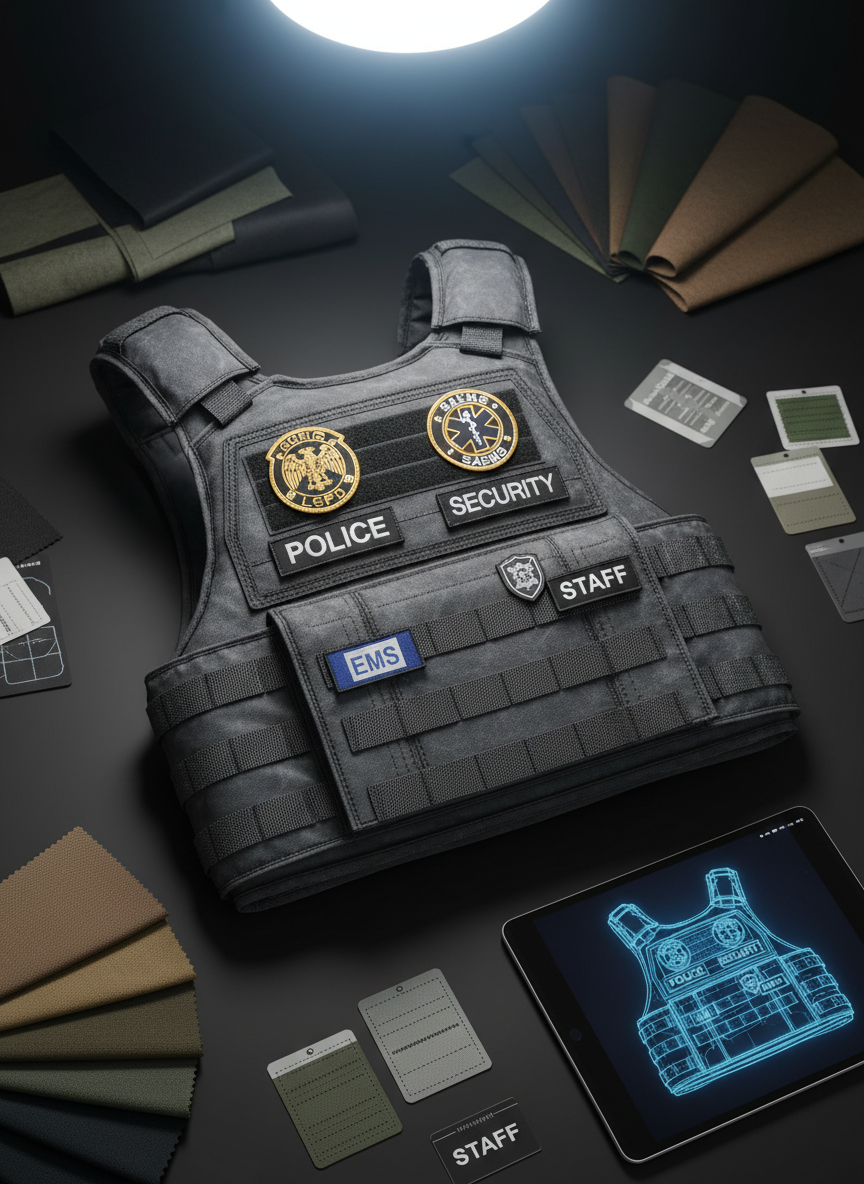 A close-up, detailed shot of a custom FiveM tactical vest laid flat on a smooth black tabletop, featuring laser-sharp embroidered unit badges, crisp reflective text, and carefully placed velcro patches for police, EMS, and security roles. The vest’s heavy-duty fabric shows subtle wear texture and reinforced seams. Around it lie neatly arranged color swatches, stitching samples, and a digital tablet displaying a wireframe of the vest design. A focused beam of cool studio lighting from above creates dramatic, precise highlights on the vest’s contours and strong, defined shadows along its edges. Photographic realism with a shallow depth of field keeps the vest in razor-sharp focus while softly fading out the background elements, conveying a professional, meticulous, and technical atmosphere suited to high-end FiveM roleplay uniforms.