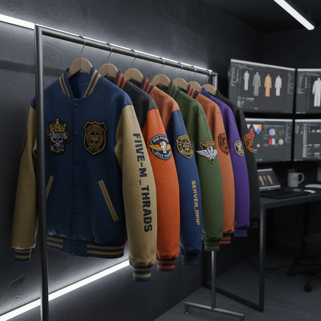A row of hanging custom FiveM streetwear jackets and varsity-style tops suspended on brushed metal hangers along a matte charcoal clothing rack. Each jacket showcases unique server-themed patches, embroidered emblems, and bold color blocking reflecting various in-game factions and departments. The setting is a modern, high-end digital workshop space, with a dark, textured wall behind and subtle LED strip lighting integrated into the rack. Cool white overhead lighting casts precise highlights on the fabrics’ surfaces, bringing out the textures of leather, nylon, and heavy cotton. Captured in photographic realism from a slightly low angle with a rule-of-thirds composition, the mood is sleek, professional, and aspirational, with a softly blurred background of monitors and design tools suggesting an elite FiveM custom clothing studio.