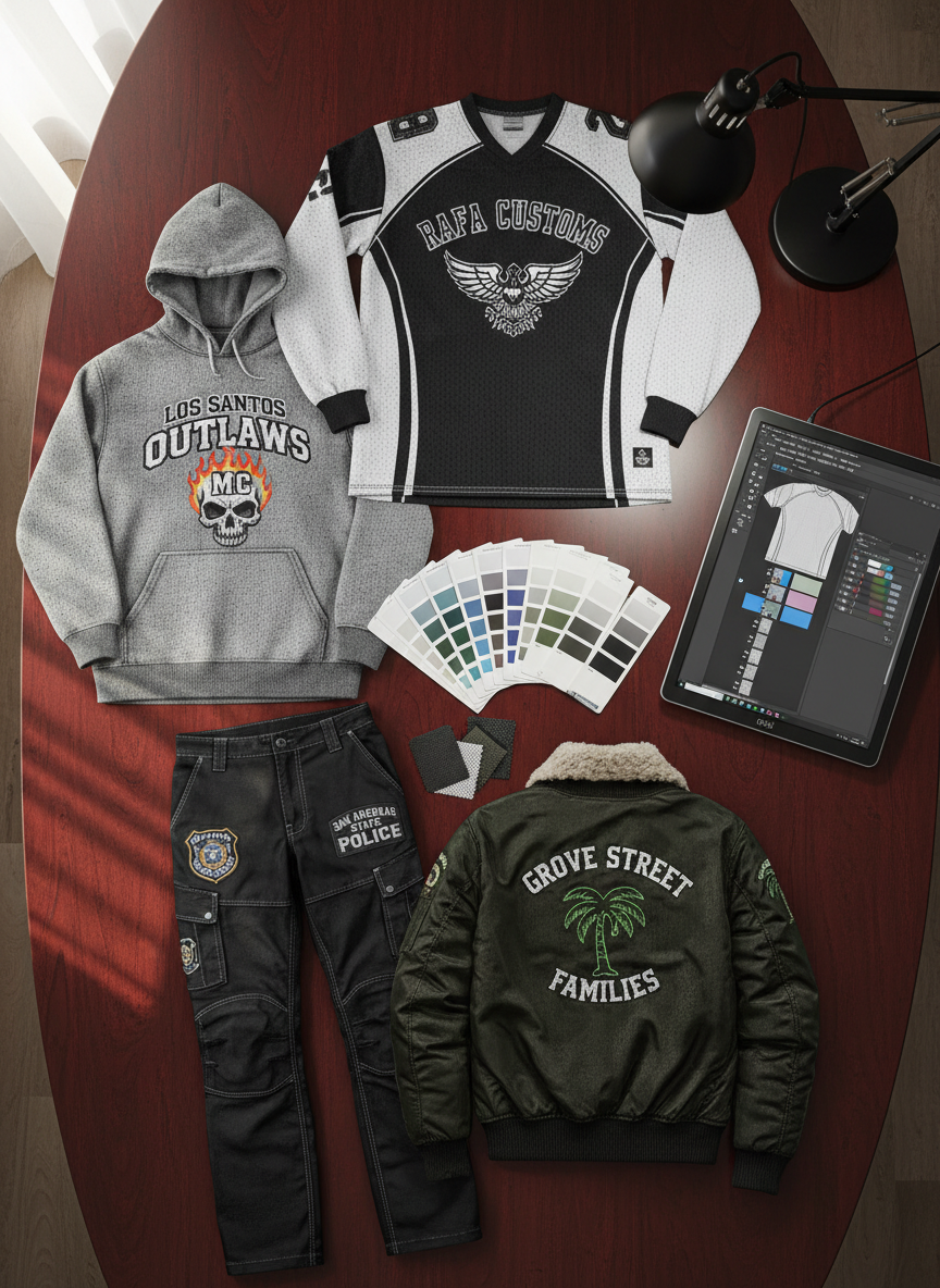 An overhead photographic realism composition of a custom FiveM clothing design workspace, featuring a large, dark wooden desk with multiple high-resolution fabric mockups spread out: jerseys, hoodies, tactical pants, and bomber jackets, each bearing distinct server insignias and clean, modern typography. To one side rests a graphics tablet showing a layered PSD of a jersey template, while color calibration cards and fabric texture samples fan out neatly nearby. Soft, diffused daylight from a nearby window mixes with subtle cool LED task lighting, creating even illumination with gentle shadows around the objects. The mood is focused and professional, evoking a premium digital design studio. The image uses a top-down, flat-lay composition with sharp focus throughout, capturing every printed detail and texture variation to highlight the precision of Rafa Customs’ FiveM clothing work.