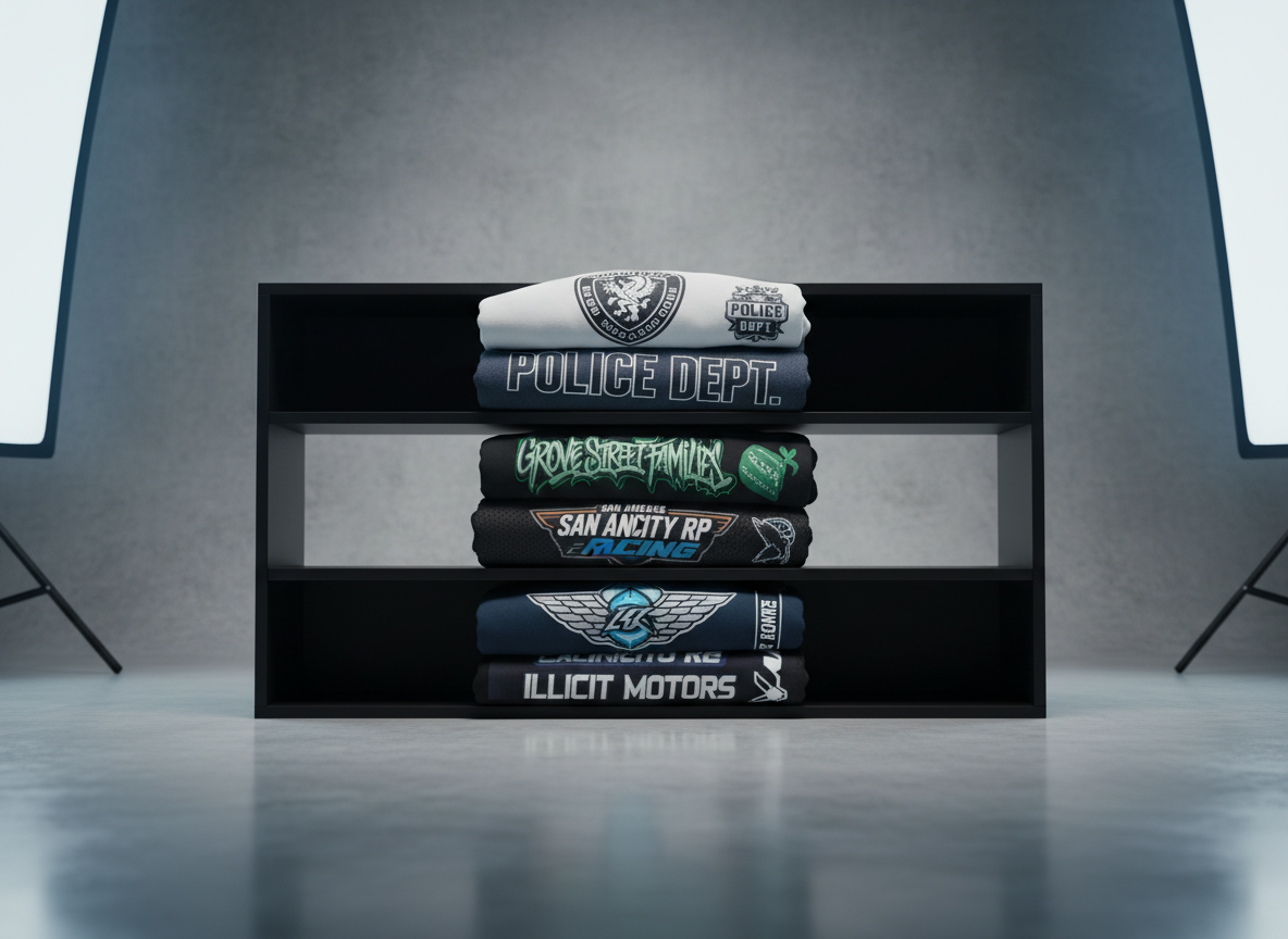 A meticulously folded stack of custom FiveM hoodies and jerseys displayed on a sleek matte-black shelving unit, each garment featuring sharp, high-resolution in-game inspired logos, server tags, and clean typography. The fabrics appear thick and premium, with visible stitching and ribbed cuffs. The scene is set in a minimalist studio environment with a neutral gray backdrop and a subtle reflection on the polished concrete floor. Cool, diffused softbox lighting from both sides creates gentle highlights along the folds and crisp shadows beneath the stack. Shot at eye level with a slightly angled composition, the image has photographic realism, a clean, professional aesthetic, and a shallow depth of field that softly blurs the background, emphasizing the quality and detail of the custom clothing for a FiveM server brand.
